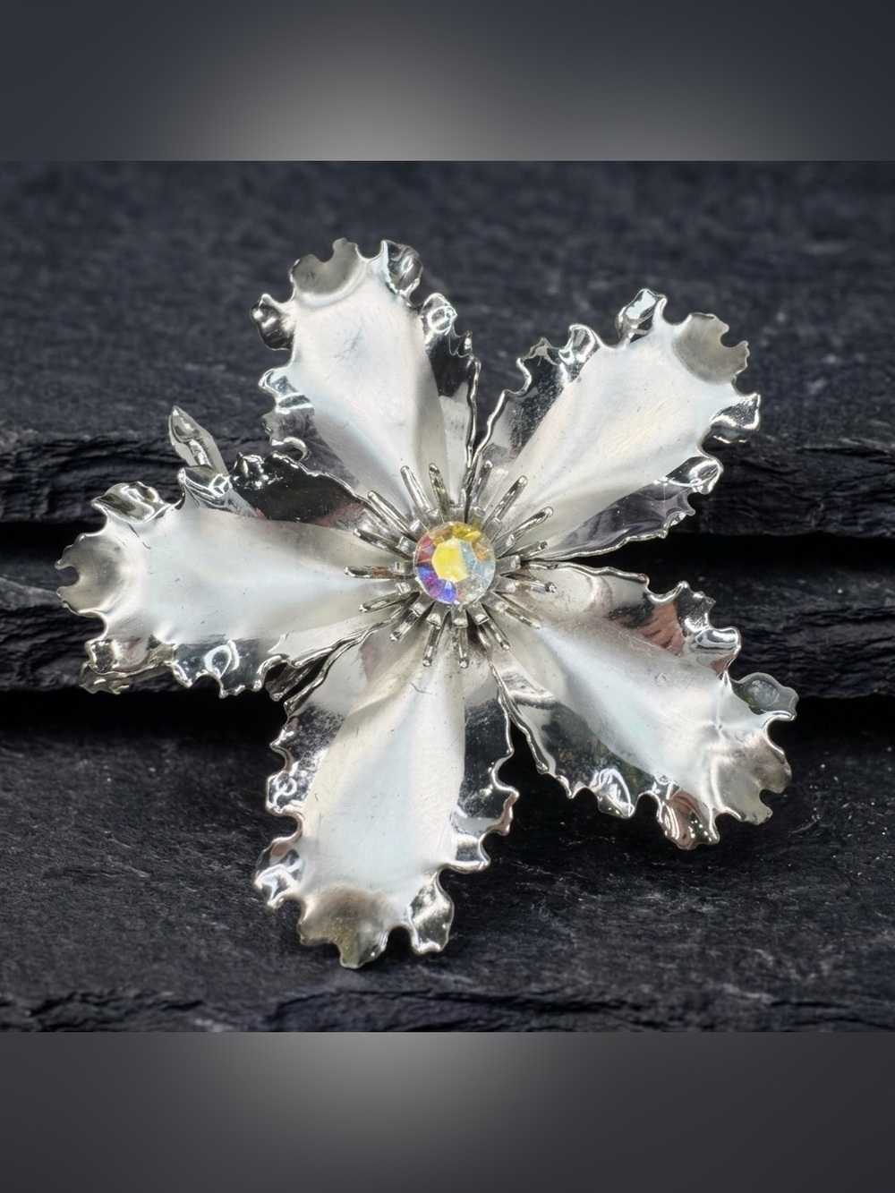 Vintage 60s Mixed Finish Silver Tone Large Hibiscus Flower AB Rhinestone Brooch
